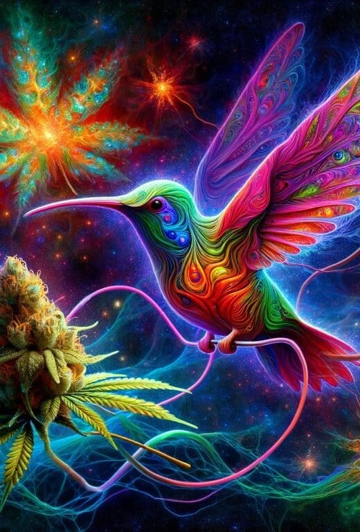 A vibrant psychedelic image of a Neurosparkle style hummingbird sitting on the stem of a cannabis plant