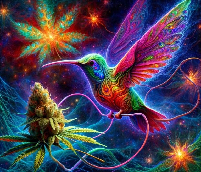 A vibrant psychedelic image of a Neurosparkle style hummingbird sitting on the stem of a cannabis plant